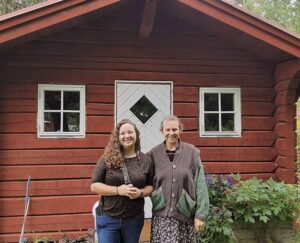 Eva and Becky in front of their cute cabin at Östen & Birgitta's house in Åmål